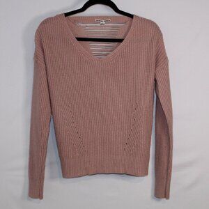 Moral Fiber blush pink ribbed texture v-neck long sleeve sweater w cutout back L